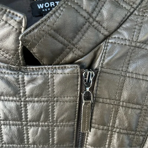 Worth Brown Quilted Leather Luxury Jacket High Neck Zip Front Size 14 - Picture 4 of 10